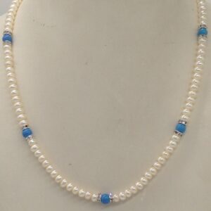 White Flat Pearls Mala With CZ Chakri And Turquoise Beeds JPM0347