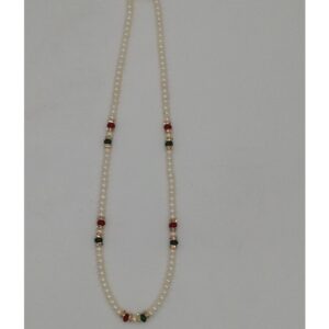 White Flat Pearls Mala With CZ Chakri And Red, Green Beeds JPM0346