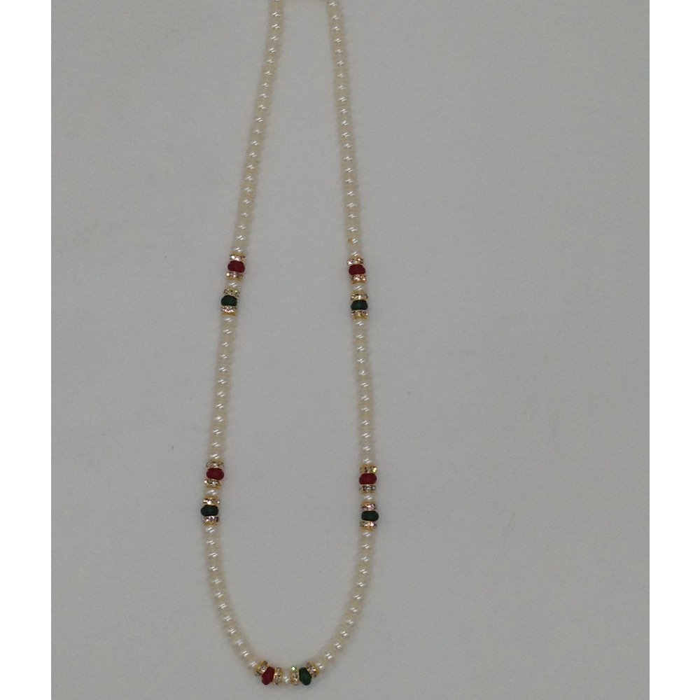 White Flat Pearls Mala With CZ Chakri And Red, Green Beeds JPM0346