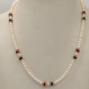 White Flat Pearls Mala With CZ Chakri And Red, Green Beeds JPM0346
