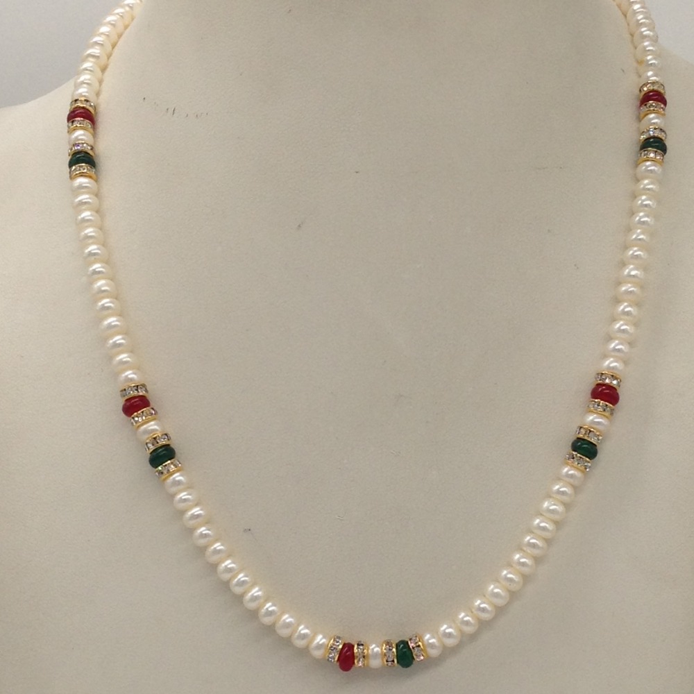 White Flat Pearls Mala With CZ Chakri And Red, Green Beeds JPM0346