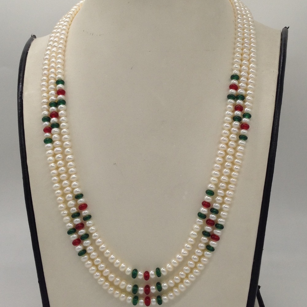 White Flat Pearls Necklace With Red,Green Semi Beeds JPM0340