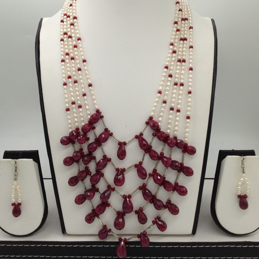White pearls and ruby drops haar set jpp1037