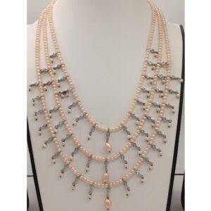 White CZ Phalli Haar Set with 3 Lines Pink Flat Pearls JPP1039