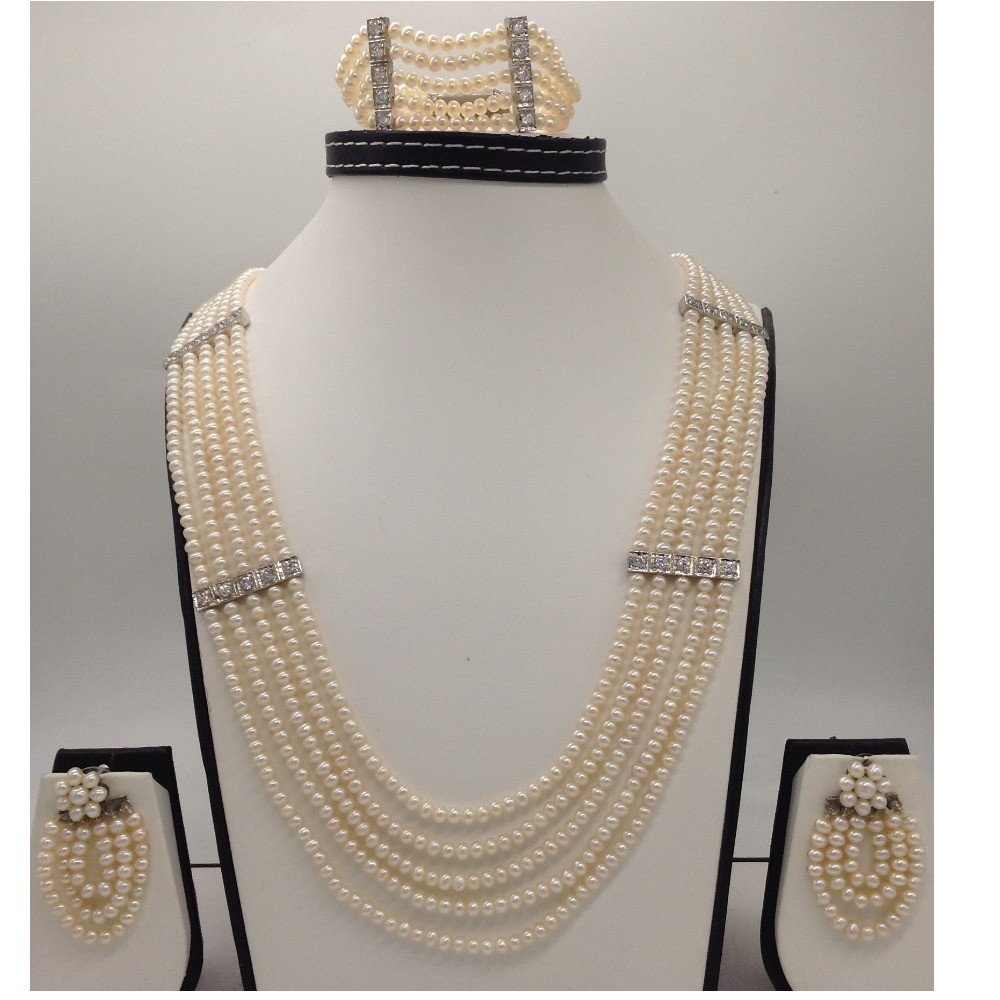 White CZ Patti Haar Full Set with 5 Lines Round Pearls JPP1038