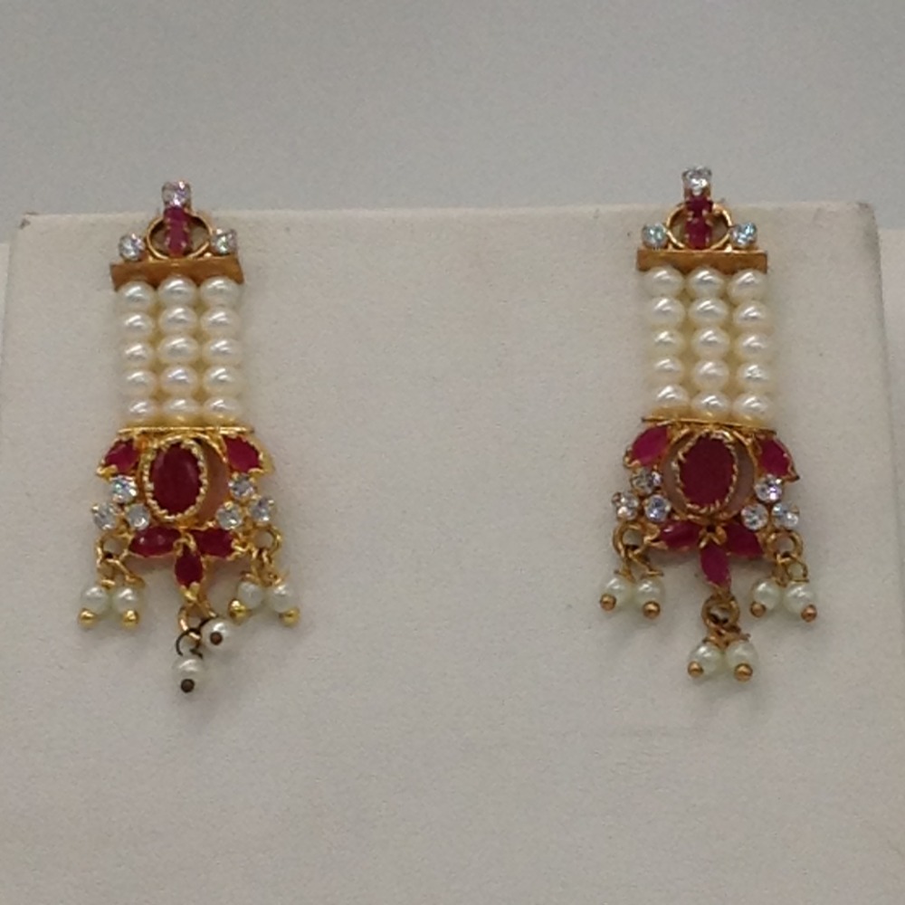 White,Red CZ Ranihaar Set with 4 Lines Flat Pearls JPS0500
