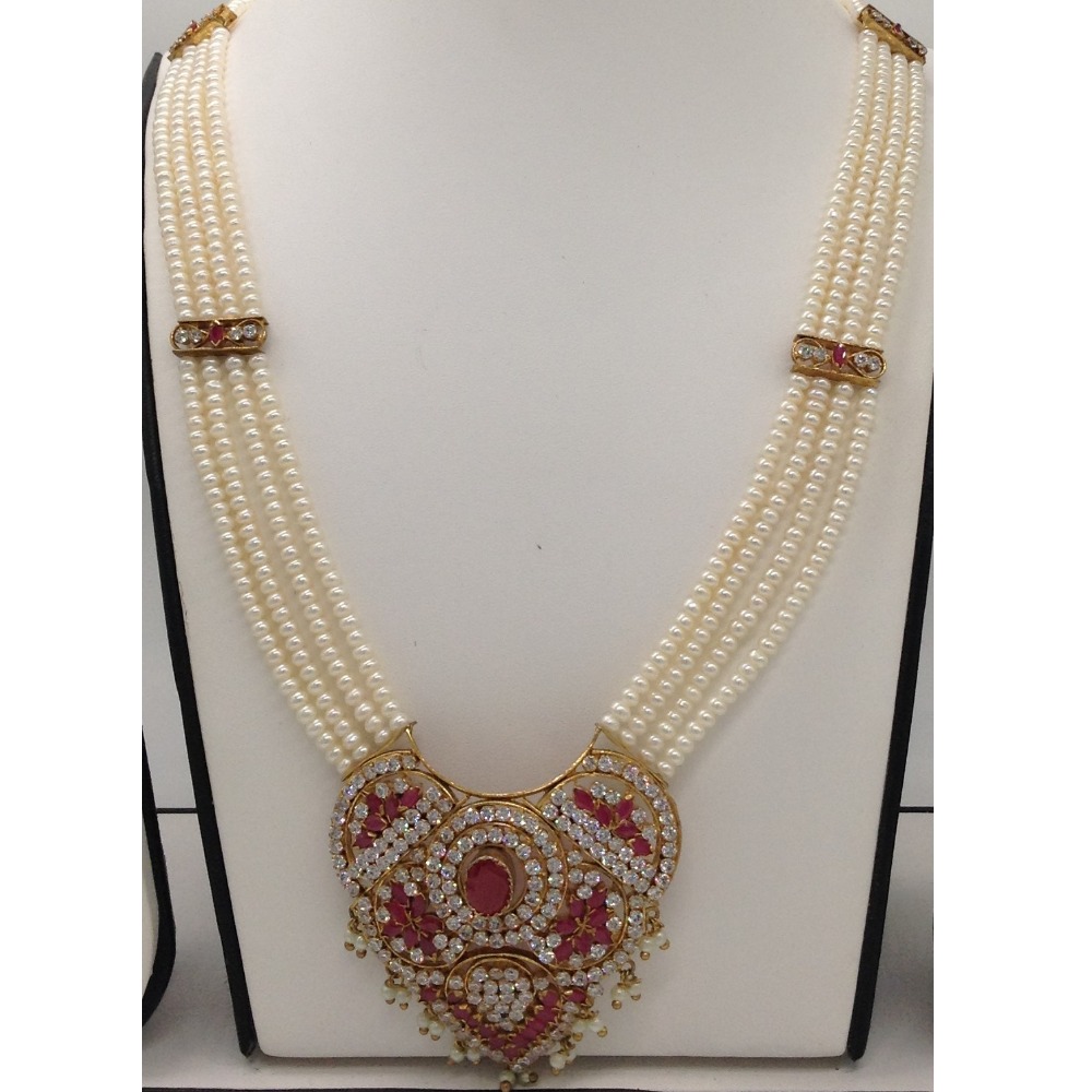 White,Red CZ Ranihaar Set with 4 Lines Flat Pearls JPS0500