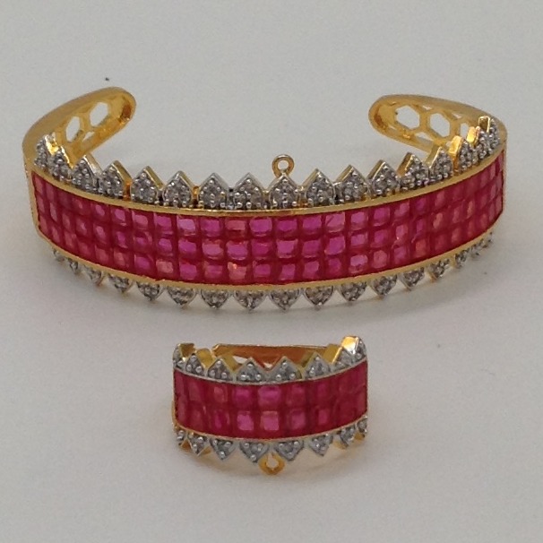 White and red cz openable kada bracelet, ring set jbg0031