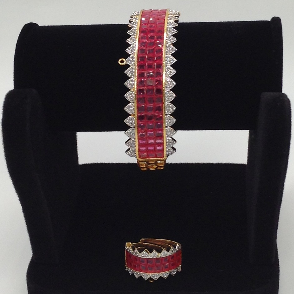 White and red cz openable kada bracelet, ring set jbg0031