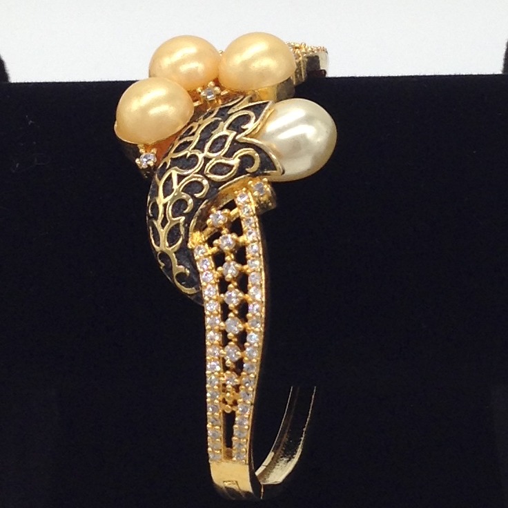 White CZ And Shell Pearls Enamel Openable Kada Bracelet JBG0030