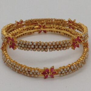 Freshwater White Button Pearls and Red CZ Bangles JBG0008