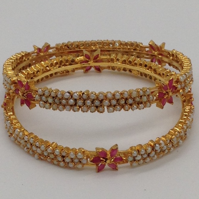 Freshwater White Button Pearls and Red CZ Bangles JBG0008