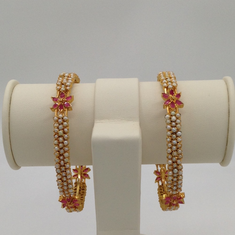 Freshwater White Button Pearls and Red CZ Bangles JBG0008
