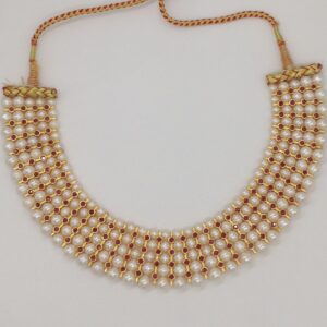 White Round Pearls and Red CZ Patti 5 Layers Patta Set JPP1036