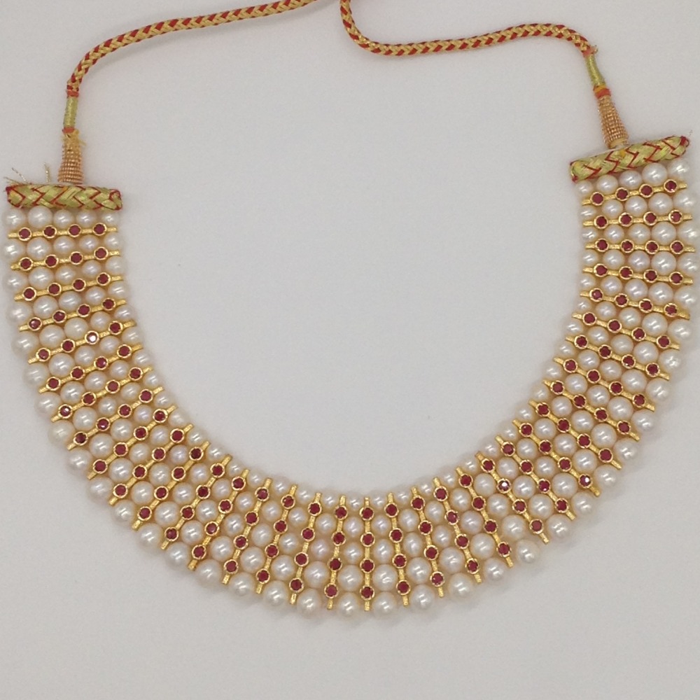 White Round Pearls and Red CZ Patti 5 Layers Patta Set JPP1036