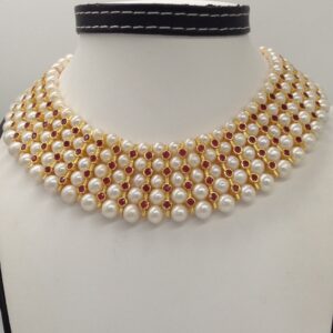 White Round Pearls and Red CZ Patti 5 Layers Patta Set JPP1036