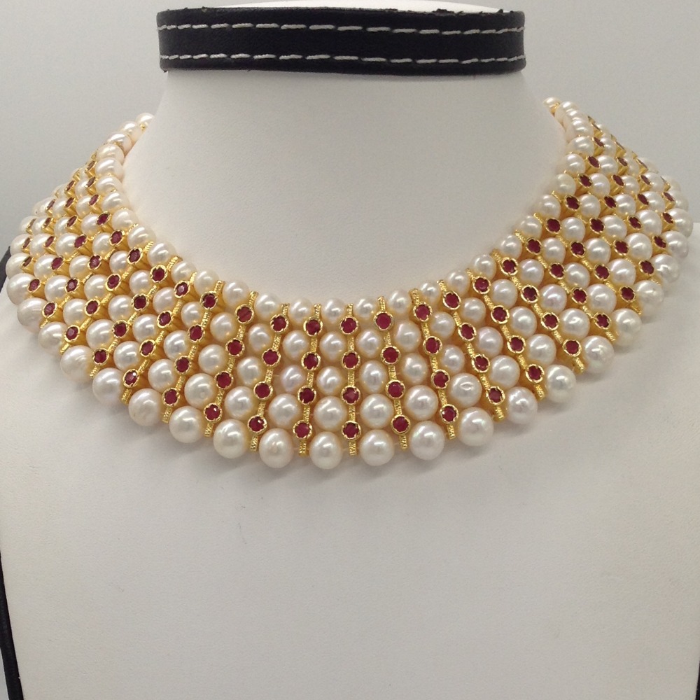 White Round Pearls and Red CZ Patti 5 Layers Patta Set JPP1036