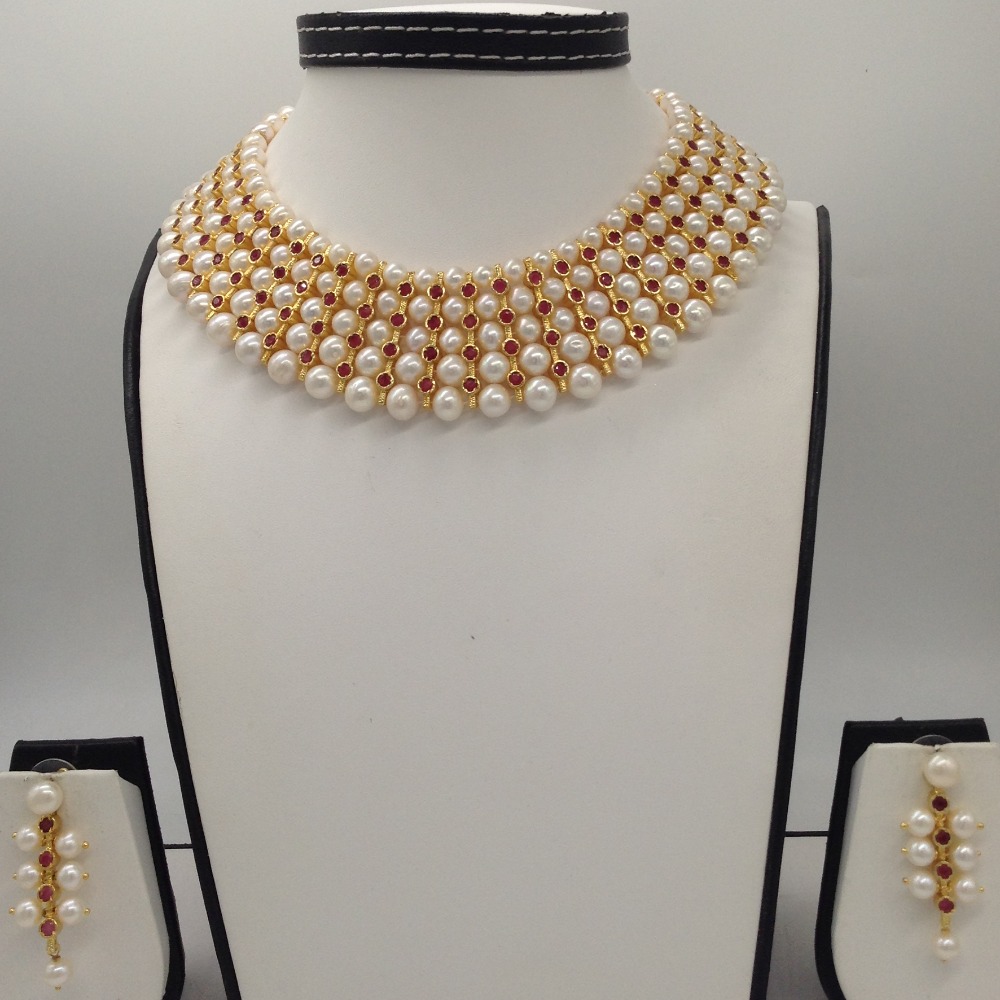 White Round Pearls and Red CZ Patti 5 Layers Patta Set JPP1036