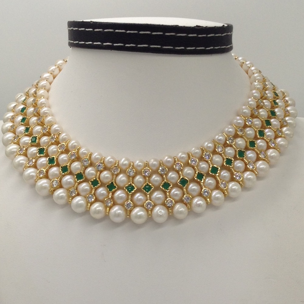 White Round Pearls and CZ Patti 4 Layers Patta Set JPP1035