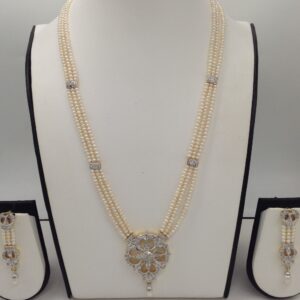 White cz rani haar set with 3 lines flat pearls mala jps0497