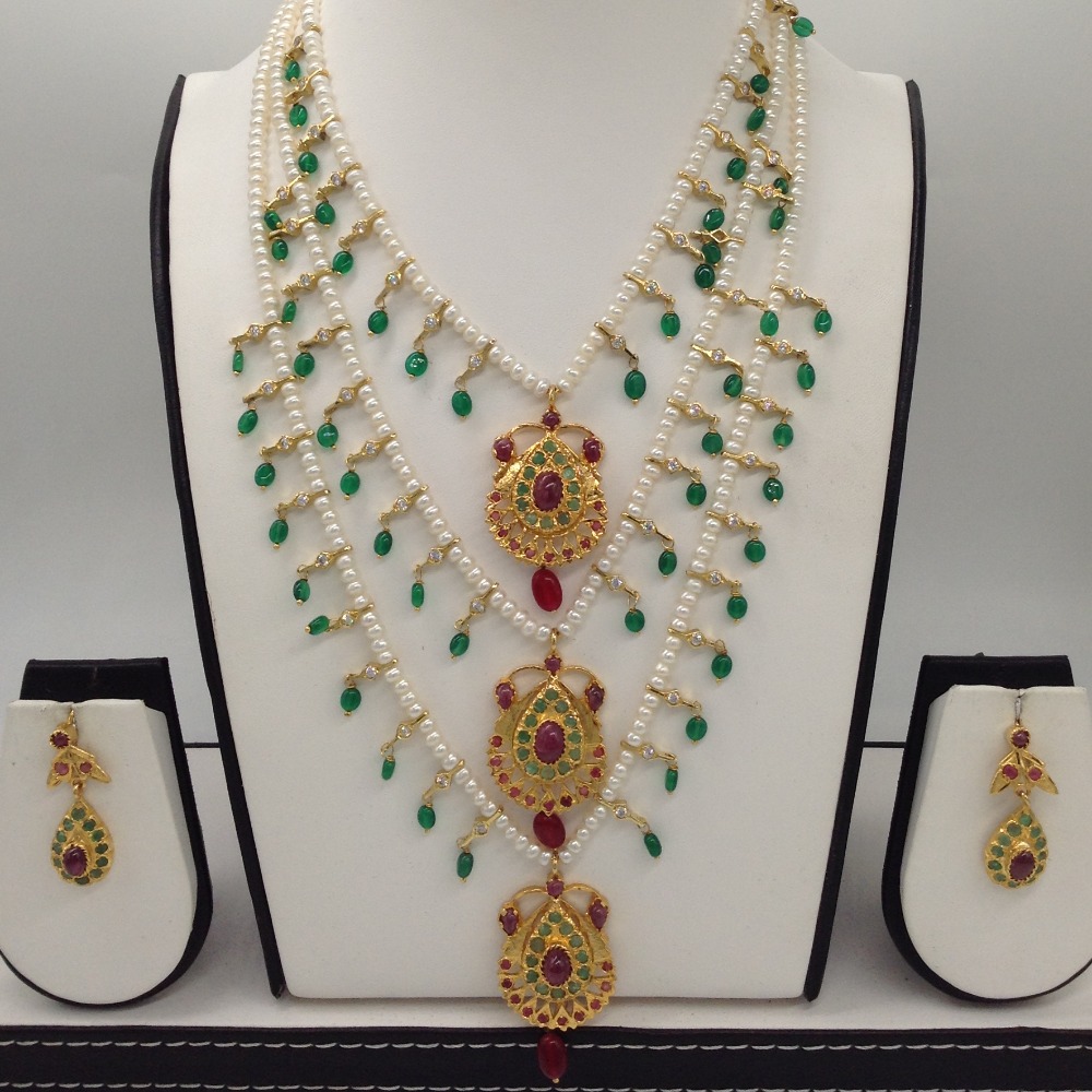 Ruby,Emerald Jugni 3 Line Haar Set with 3 Lines Flat Pearls JPS0496