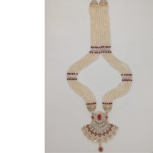 White and red cz rani haar set with 5 lines flat pearls mala jps0495