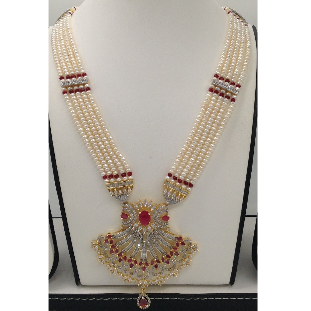 White and red cz rani haar set with 5 lines flat pearls mala jps0495