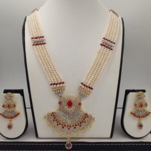 White and red cz rani haar set with 5 lines flat pearls mala jps0495