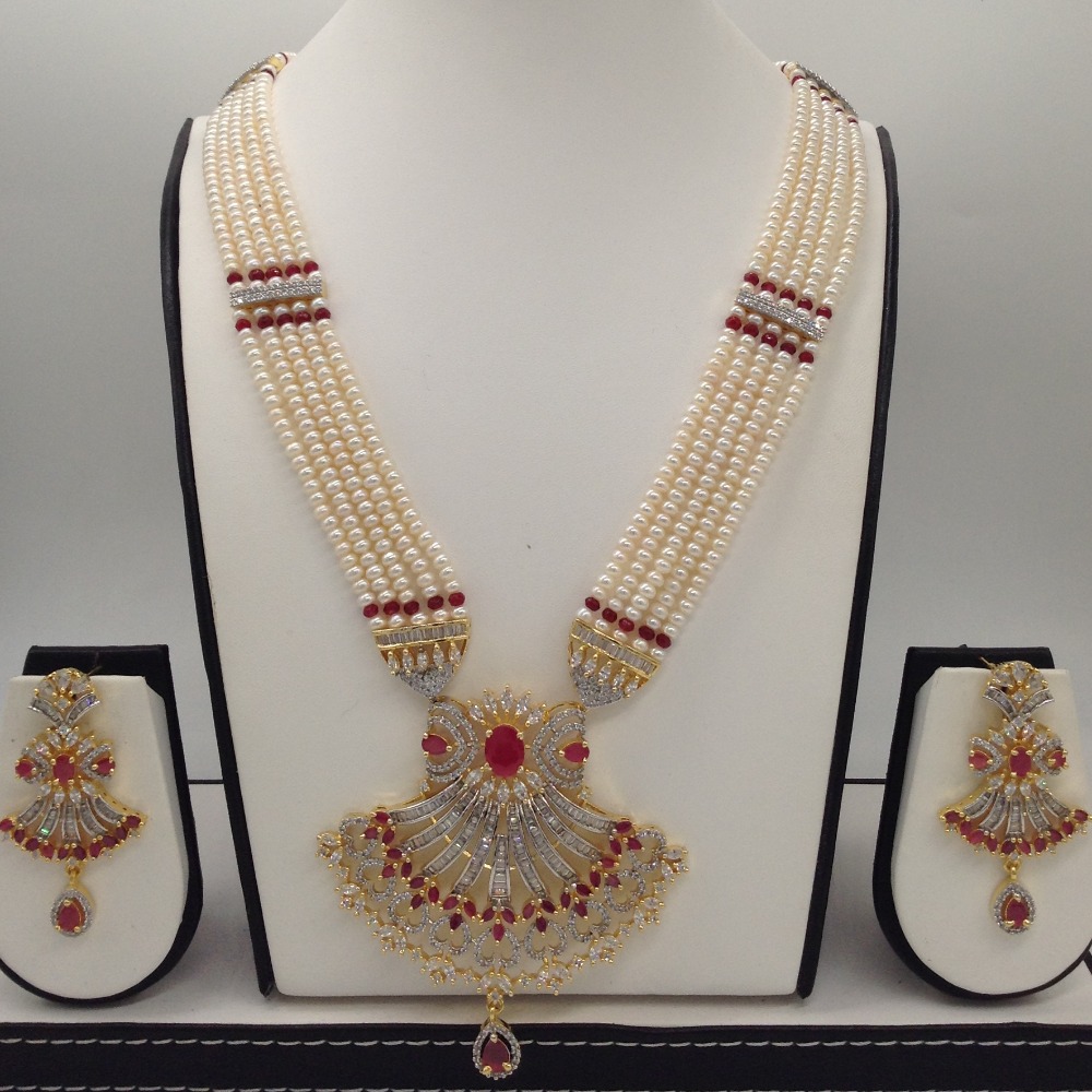 White and red cz rani haar set with 5 lines flat pearls mala jps0495