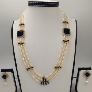 White And Blue CZ Brooch Set With 3 Lines Flat Pearls Mala JPS0489