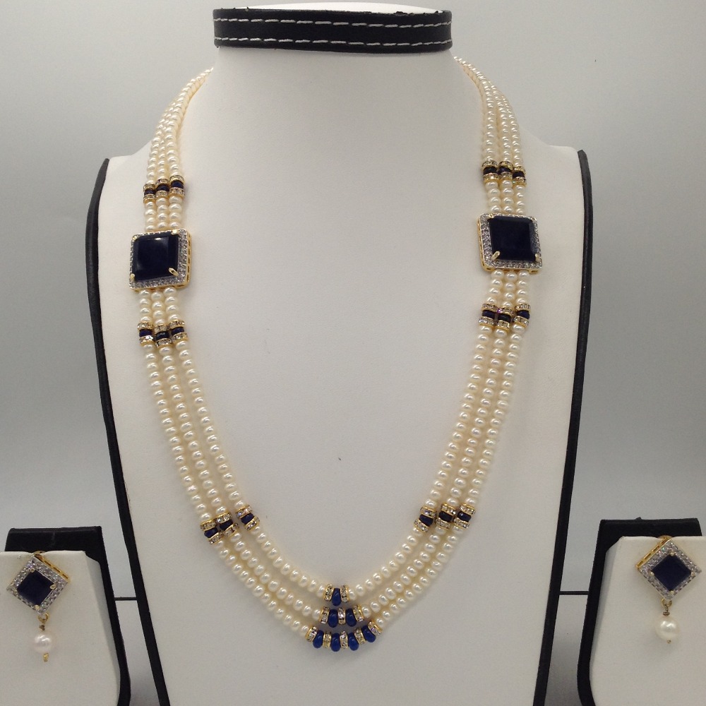 White And Blue CZ Brooch Set With 3 Lines Flat Pearls Mala JPS0489