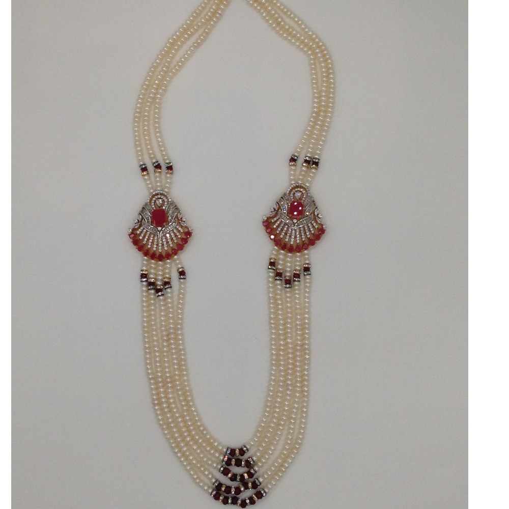 White And Red CZ Brooch Set With 5 Lines Flat Pearls Mala JPS0488 - Image 4