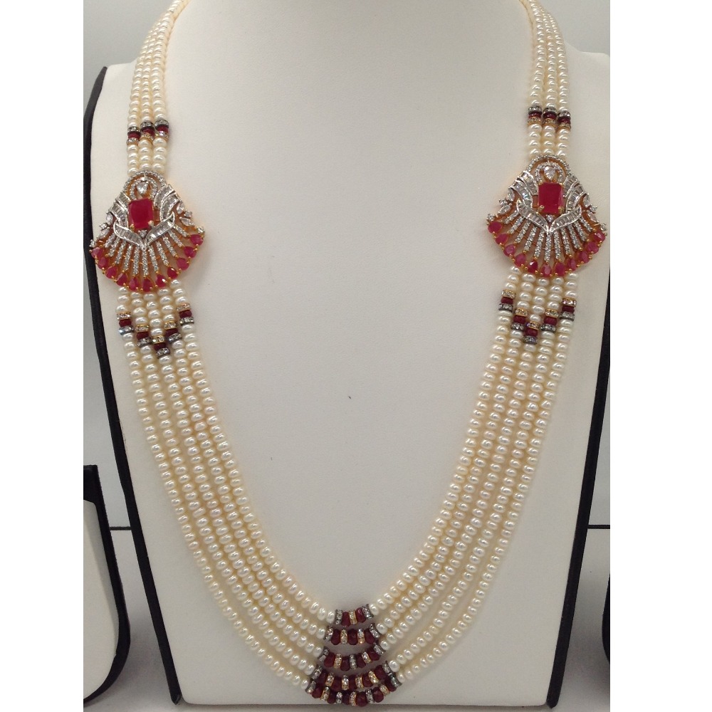 White And Red CZ Brooch Set With 5 Lines Flat Pearls Mala JPS0488 - Image 2