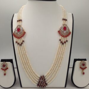 White And Red CZ Brooch Set With 5 Lines Flat Pearls Mala JPS0488