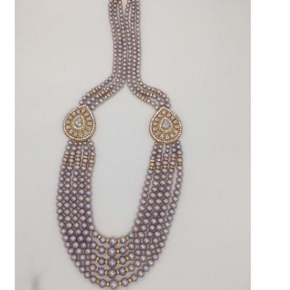 White CZ Brooch Set With 5 Lines Grey Round Pearls Mala JPS0487 - Image 4