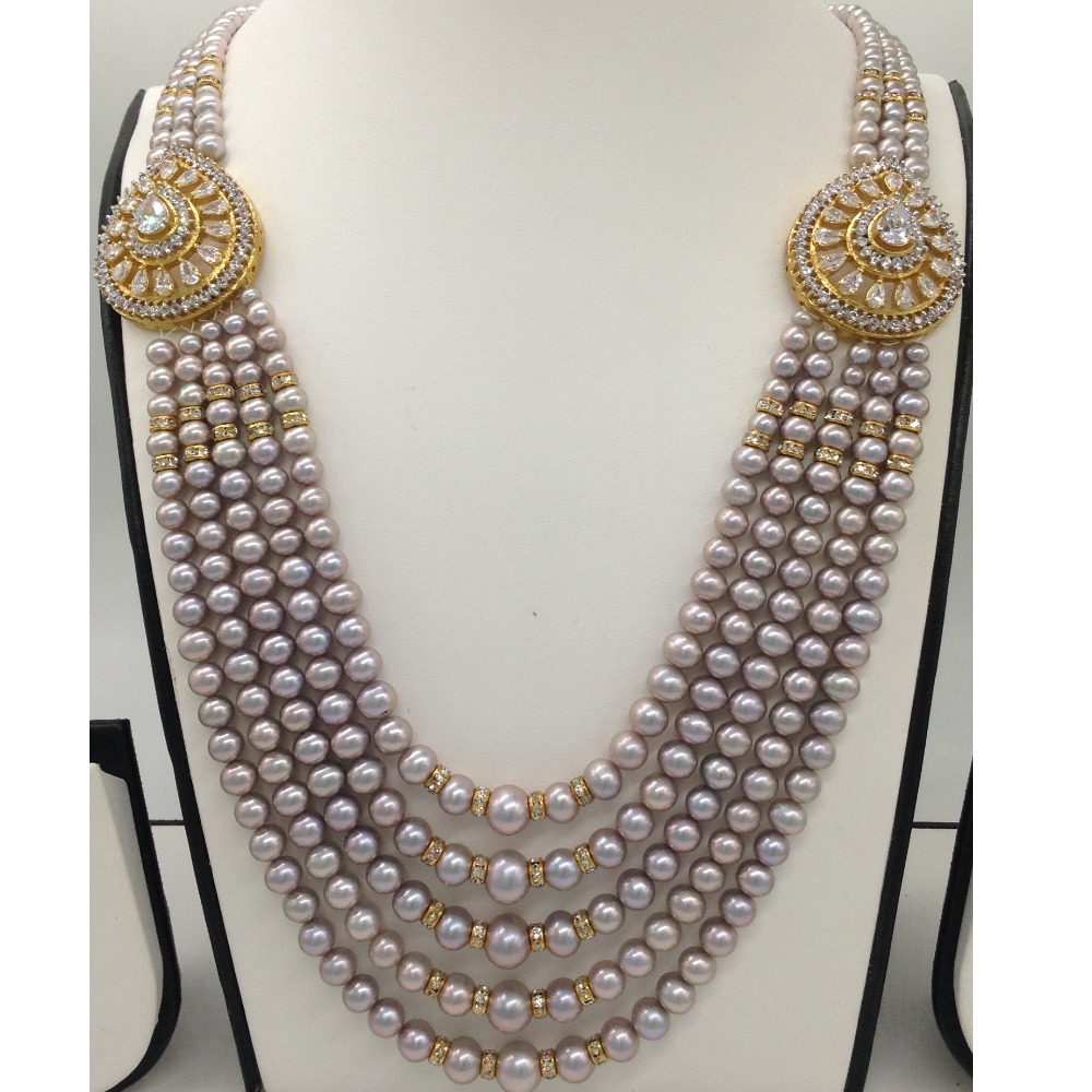 White CZ Brooch Set With 5 Lines Grey Round Pearls Mala JPS0487 - Image 2