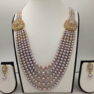 White CZ Brooch Set With 5 Lines Grey Round Pearls Mala JPS0487