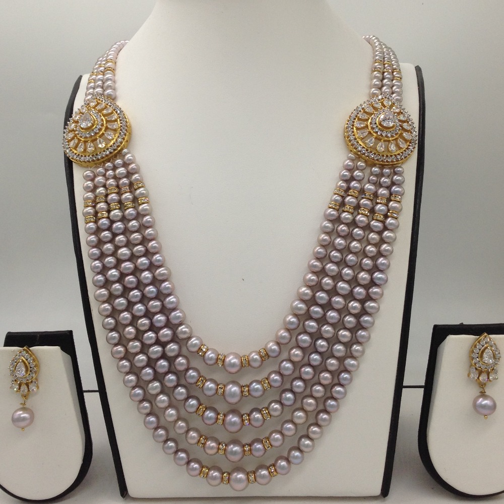 White CZ Brooch Set With 5 Lines Grey Round Pearls Mala JPS0487