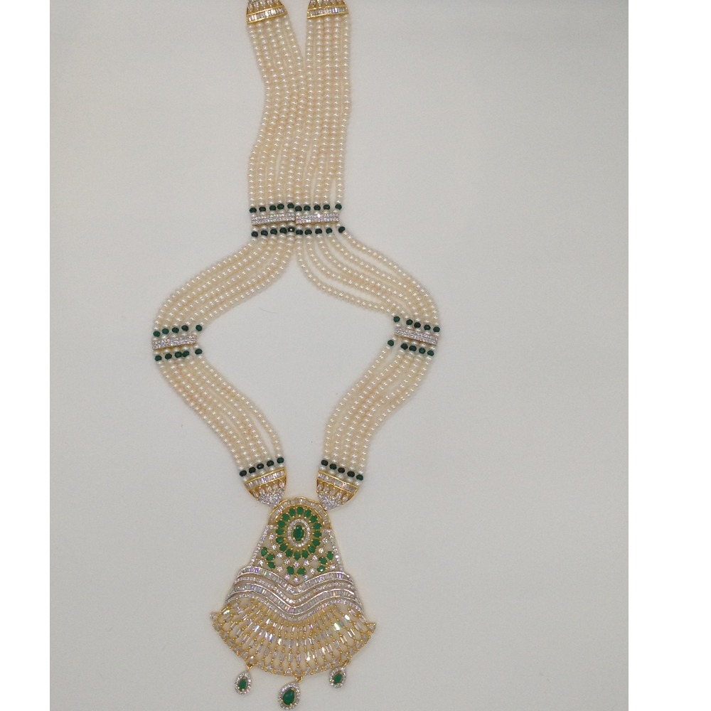 White,green cz ranihaar set with 5 lines flat pearls jps0484 - Image 4