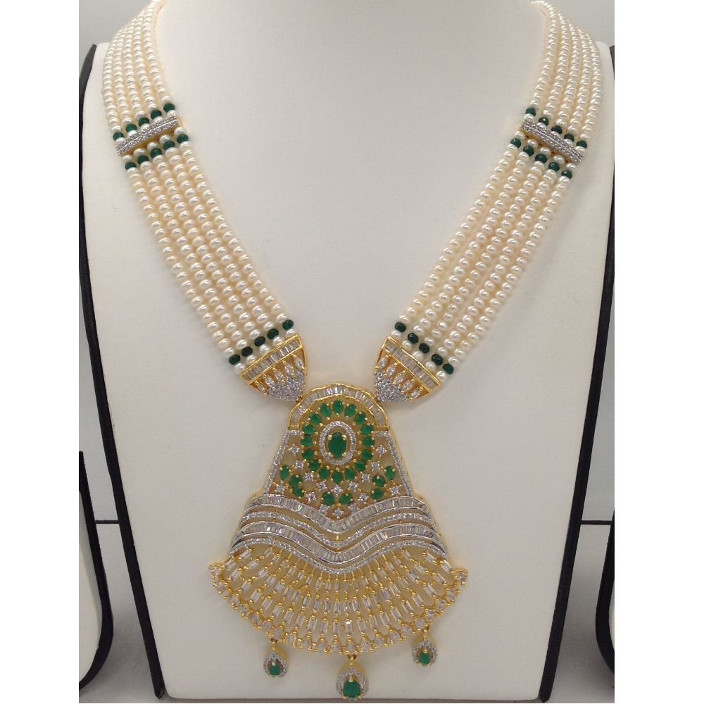 White,green cz ranihaar set with 5 lines flat pearls jps0484 - Image 2