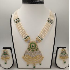 White,green cz ranihaar set with 5 lines flat pearls jps0484