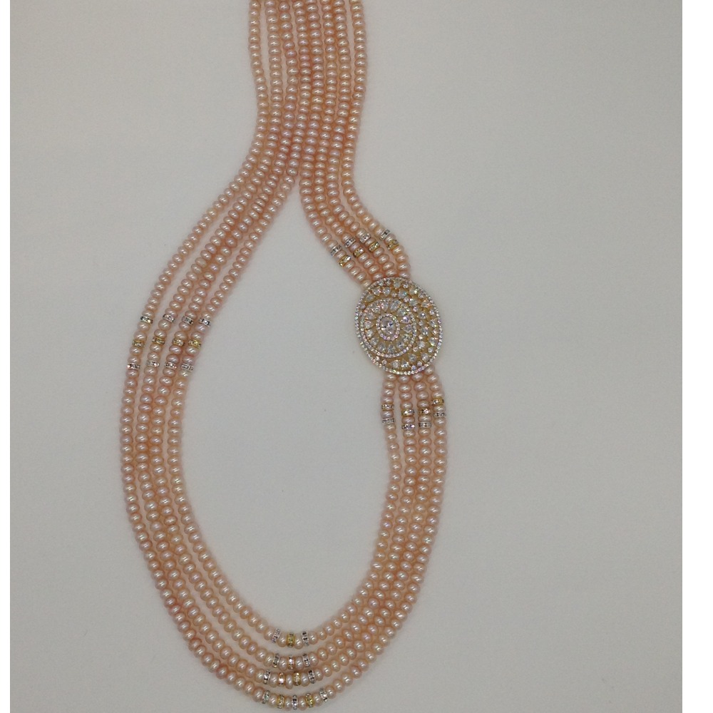 White CZ Brooch Set With 4 Lines Pink Flat Pearls Mala JPS0482 - Image 4