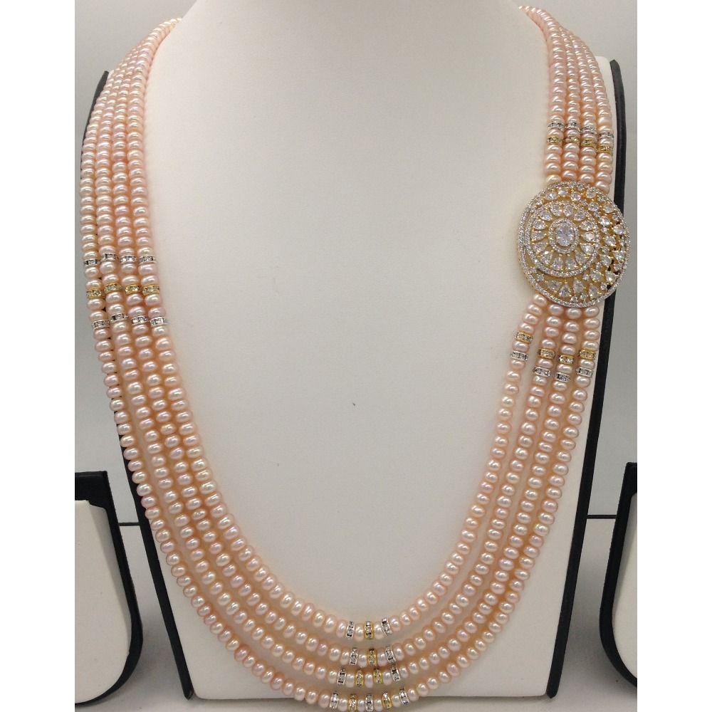 White CZ Brooch Set With 4 Lines Pink Flat Pearls Mala JPS0482 - Image 2