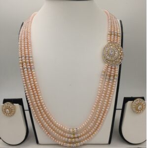 White CZ Brooch Set With 4 Lines Pink Flat Pearls Mala JPS0482