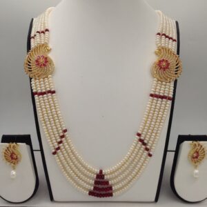 White And Red CZ Peacock Brooch Set With 5 Lines Flat Pearls Mala JPS0474