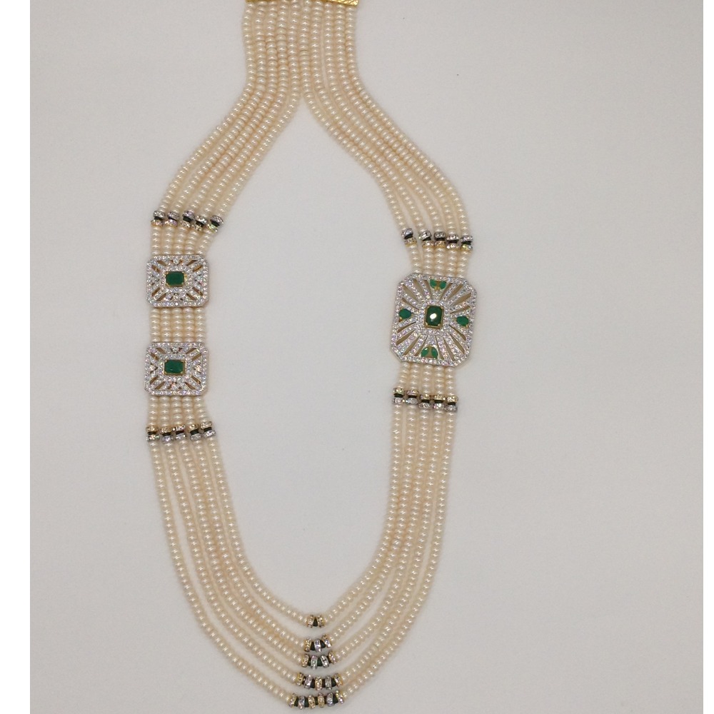 White and green cz brooch set with 5 lines flat pearls mala jps0472 - Image 3