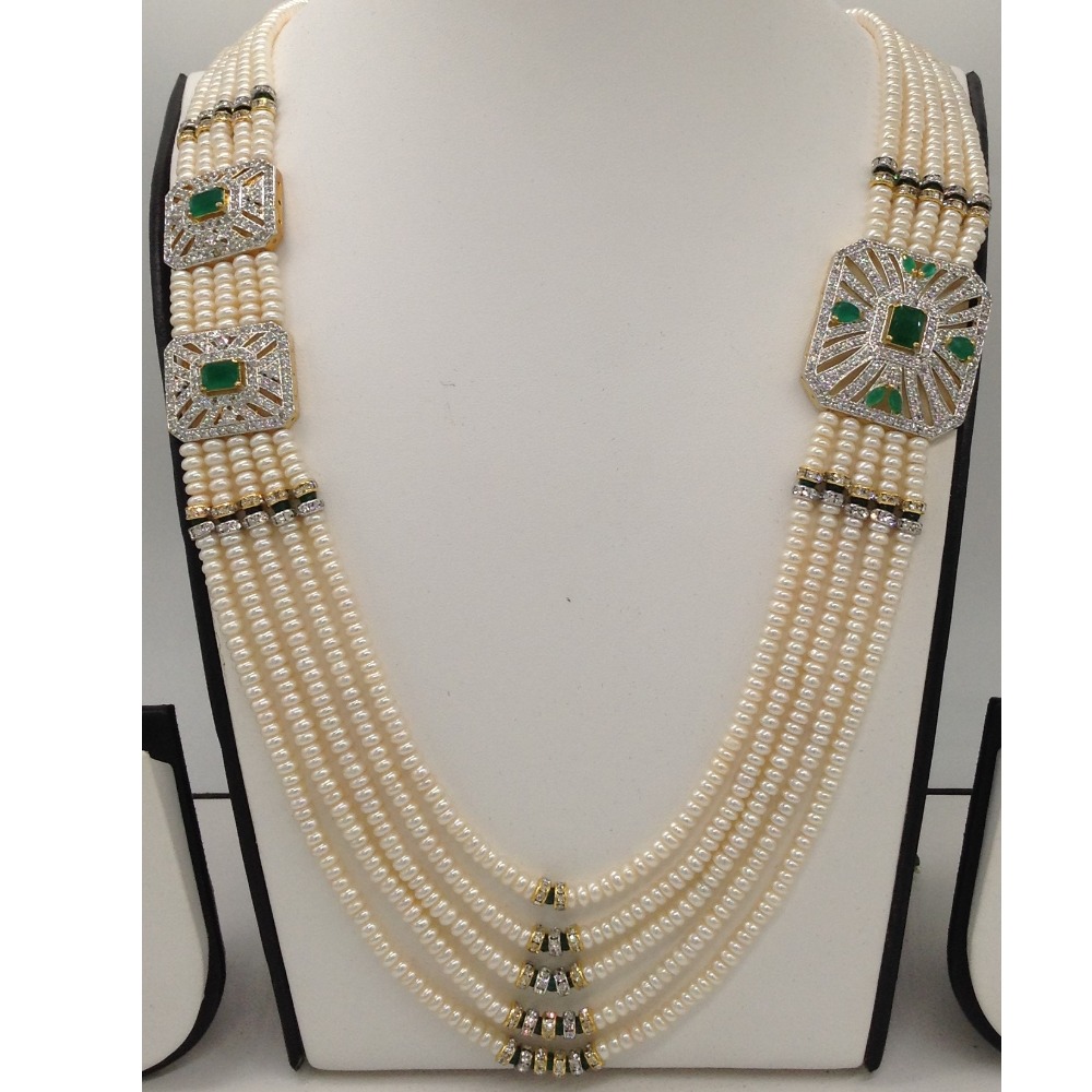 White and green cz brooch set with 5 lines flat pearls mala jps0472 - Image 2