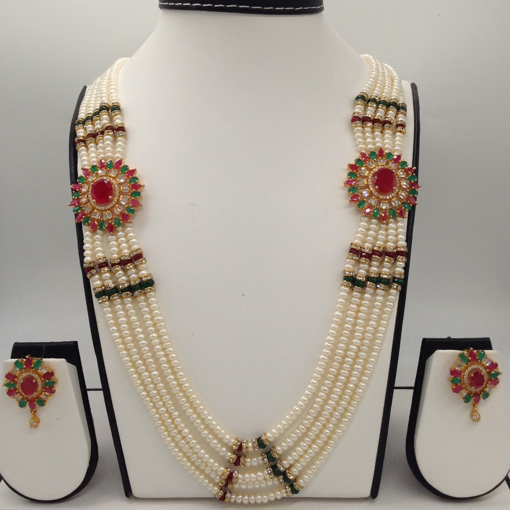 Tri Colour CZ Brooch Set With 5 Lines Flat Pearls Mala JPS0470