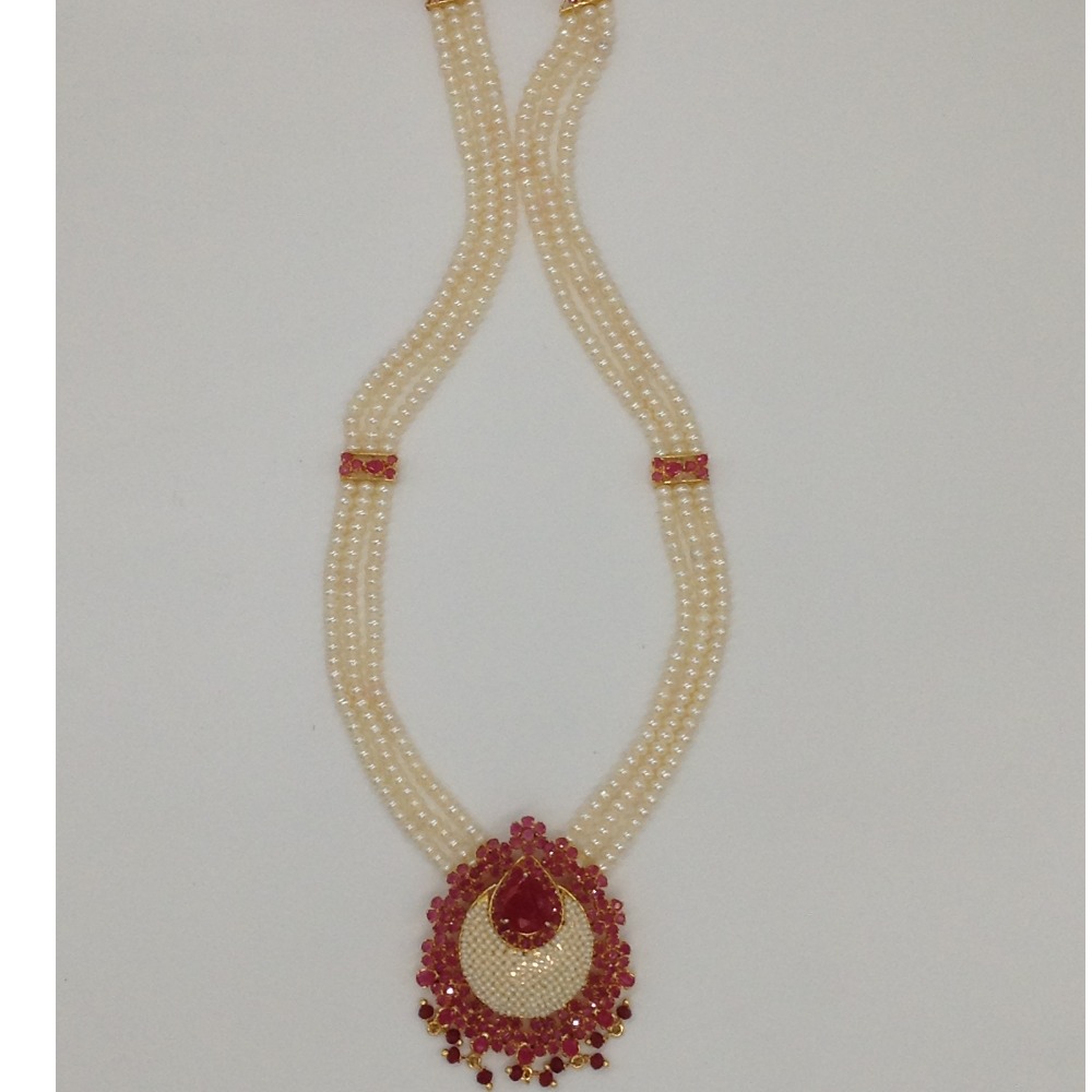 Red cz and pearls ranihaar set with 3 lines flat pearls jps0469 - Image 4