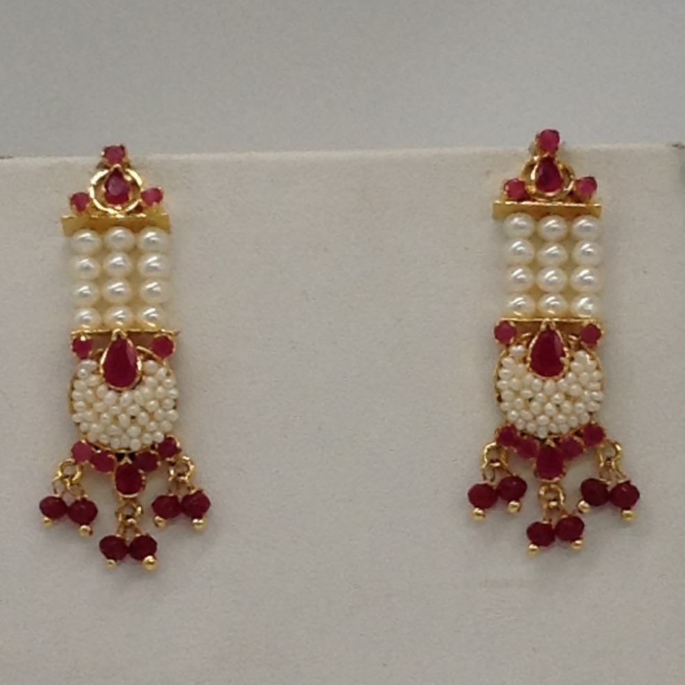 Red cz and pearls ranihaar set with 3 lines flat pearls jps0469 - Image 3